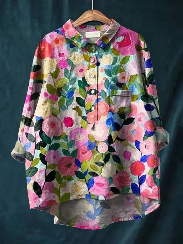 Floral Cotton-Linen Blouse For Casual Elegance