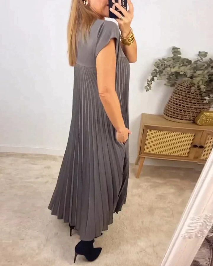 Short Sleeve Pleated Midi Dress Women