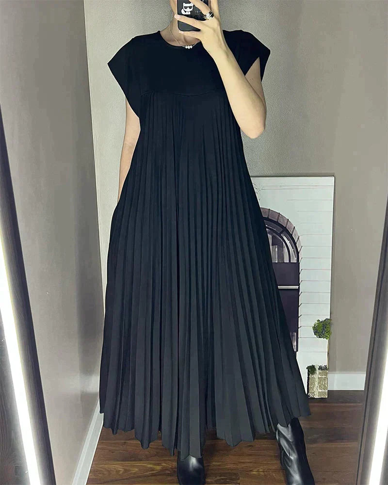 Short Sleeve Pleated Midi Dress Women