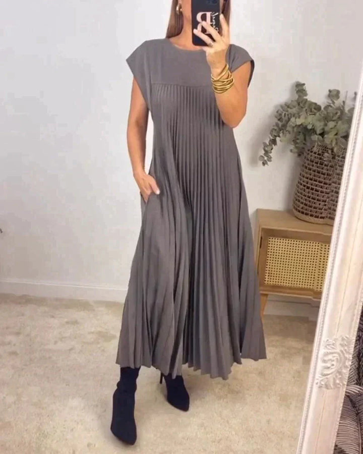 Short Sleeve Pleated Midi Dress Women