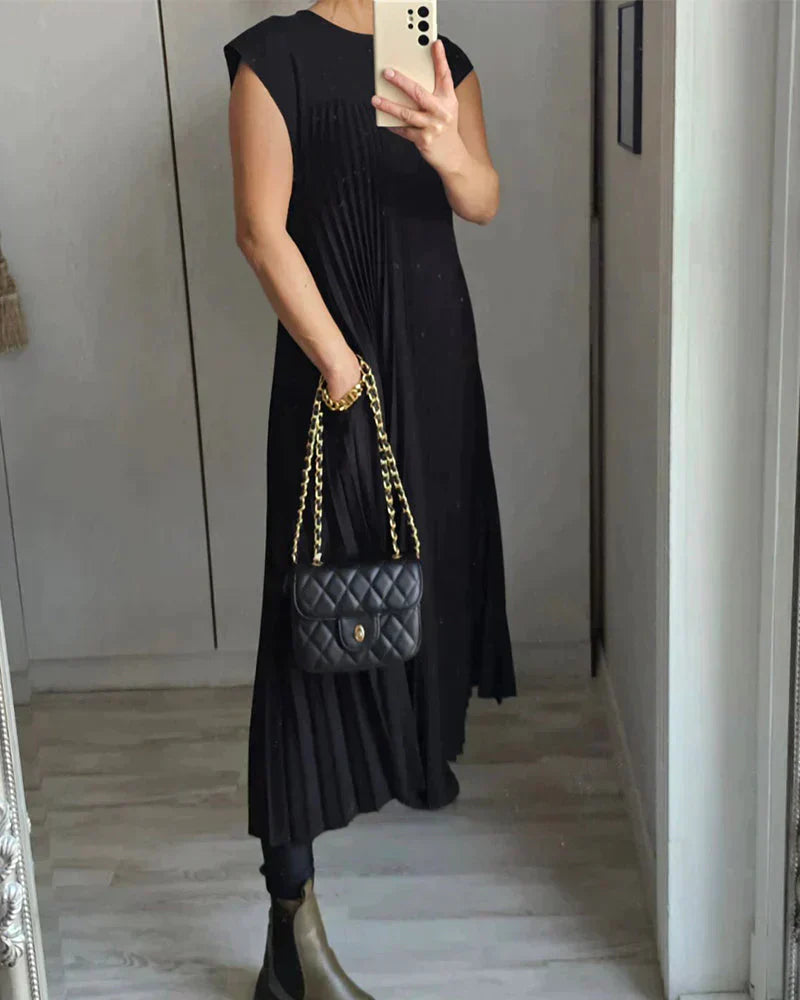 Short Sleeve Pleated Midi Dress Women
