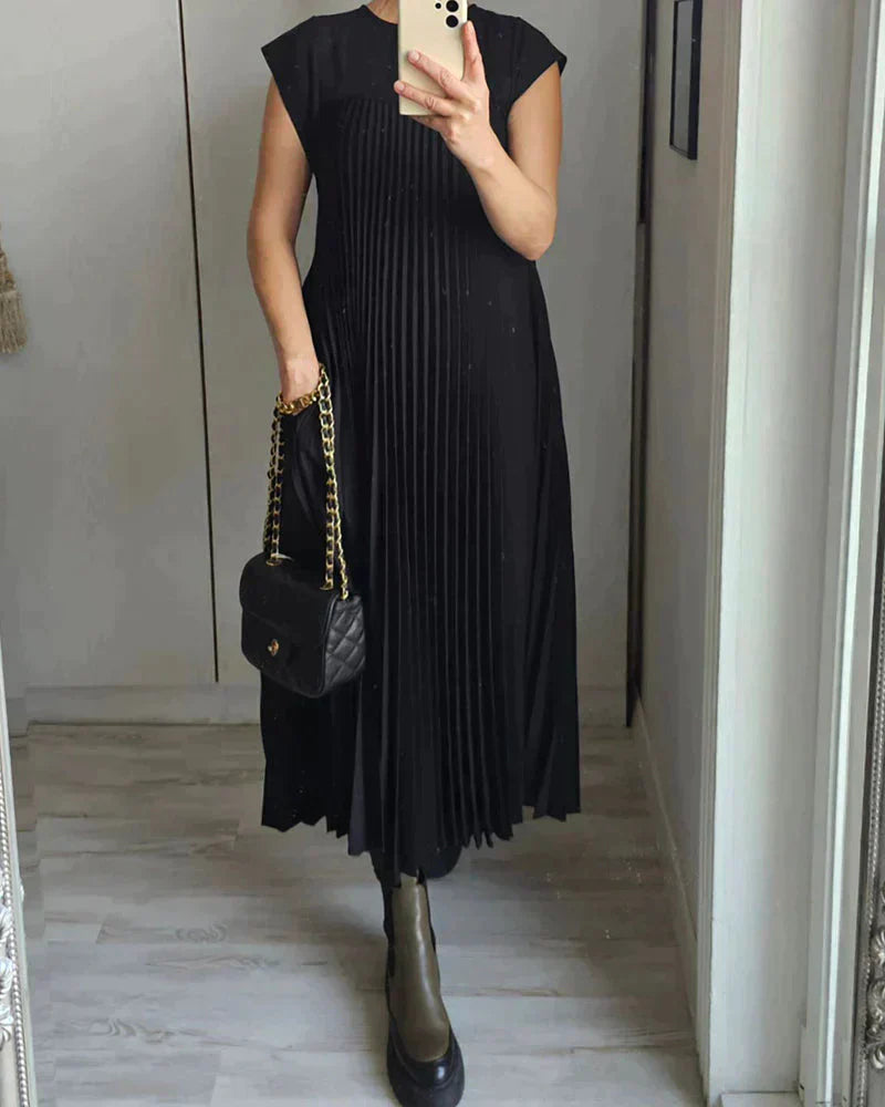Short Sleeve Pleated Midi Dress Women