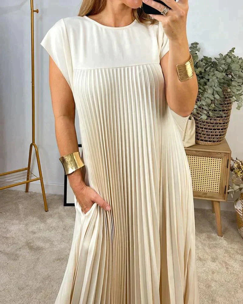 Short Sleeve Pleated Midi Dress Women