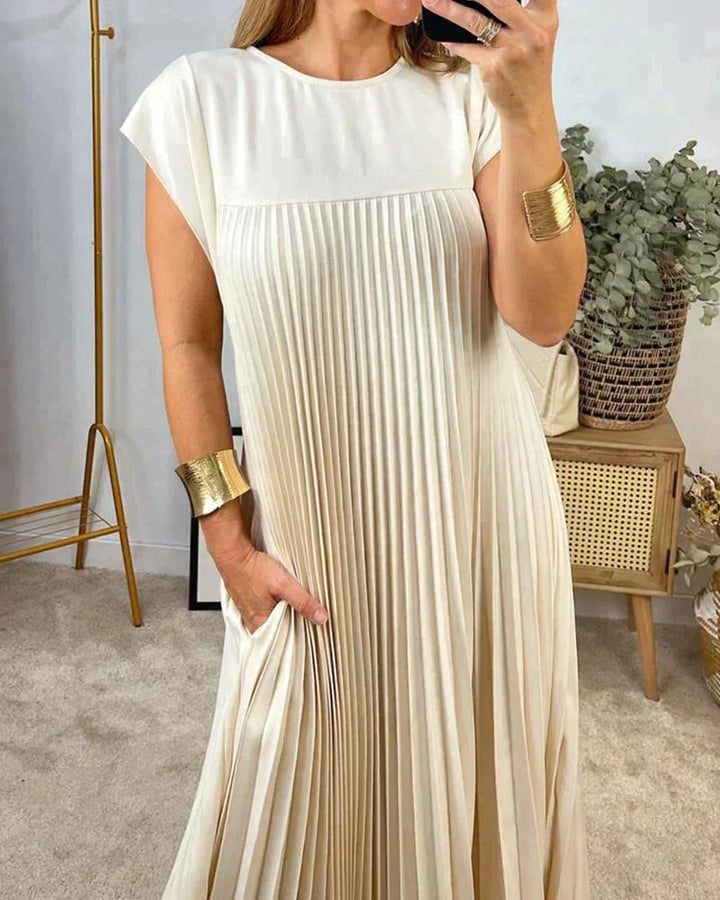 Short Sleeve Pleated Midi Dress Women