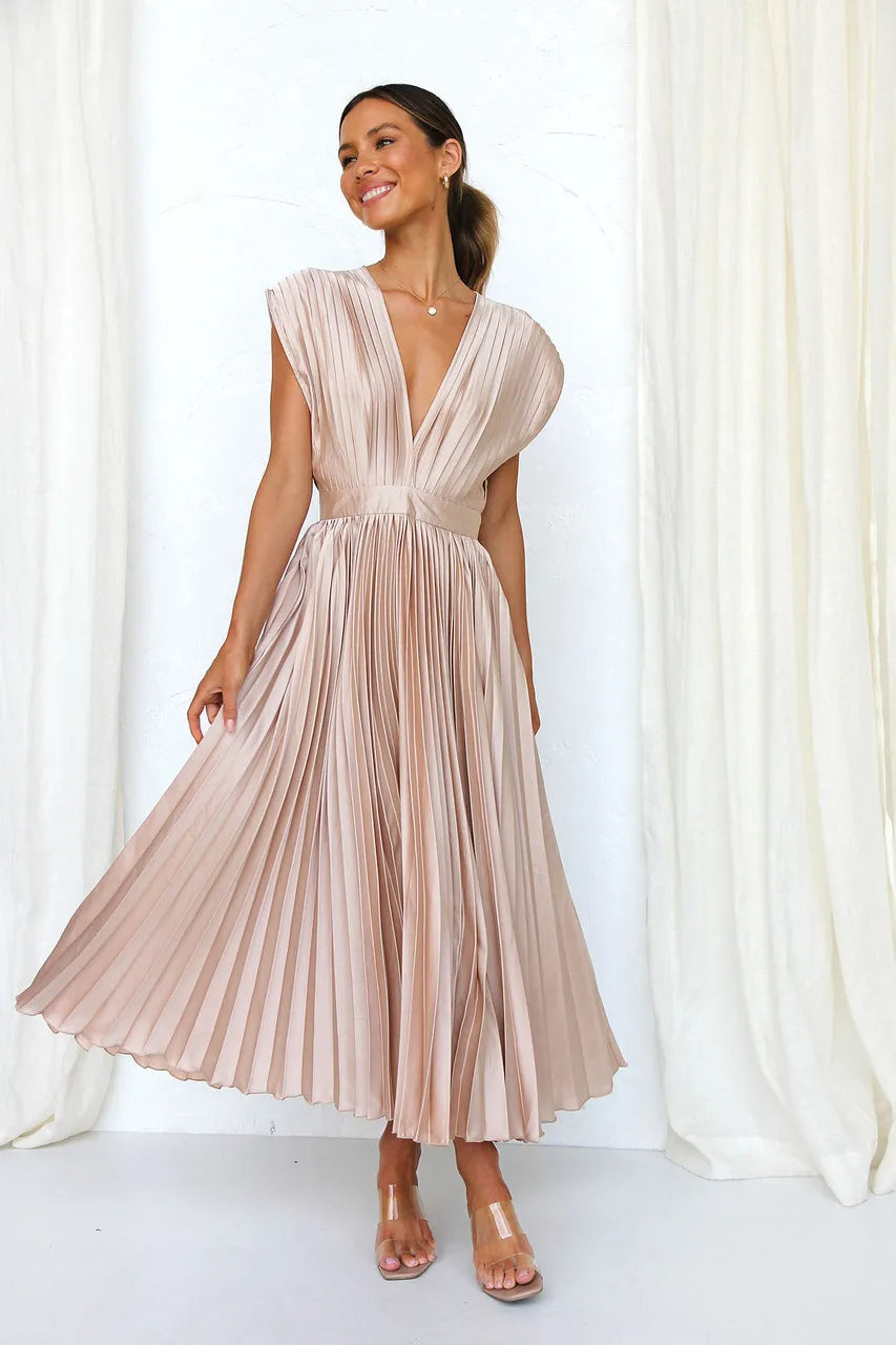 Flurina | Aisha Plunge Midi Dress With Pleats For Elegant Looks
