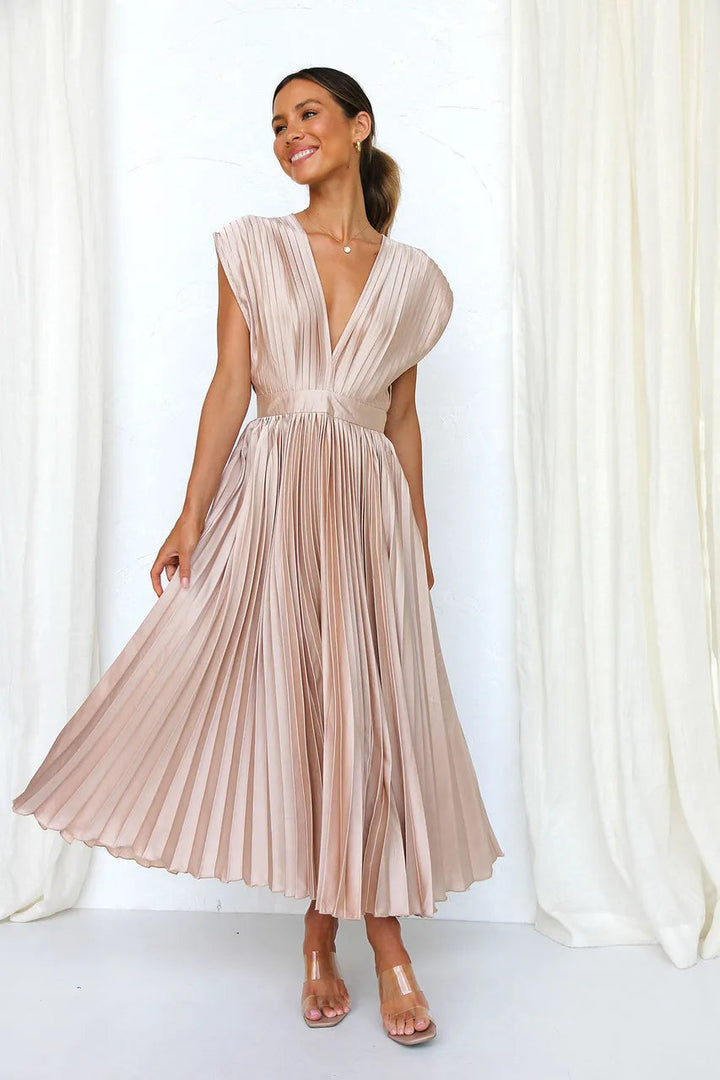 Aisha Plunge Midi Dress With Pleats For Elegant Looks
