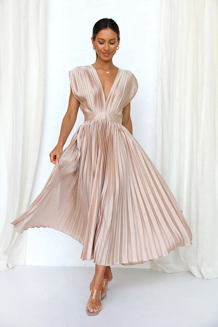 Aisha Plunge Midi Dress With Pleats For Elegant Looks
