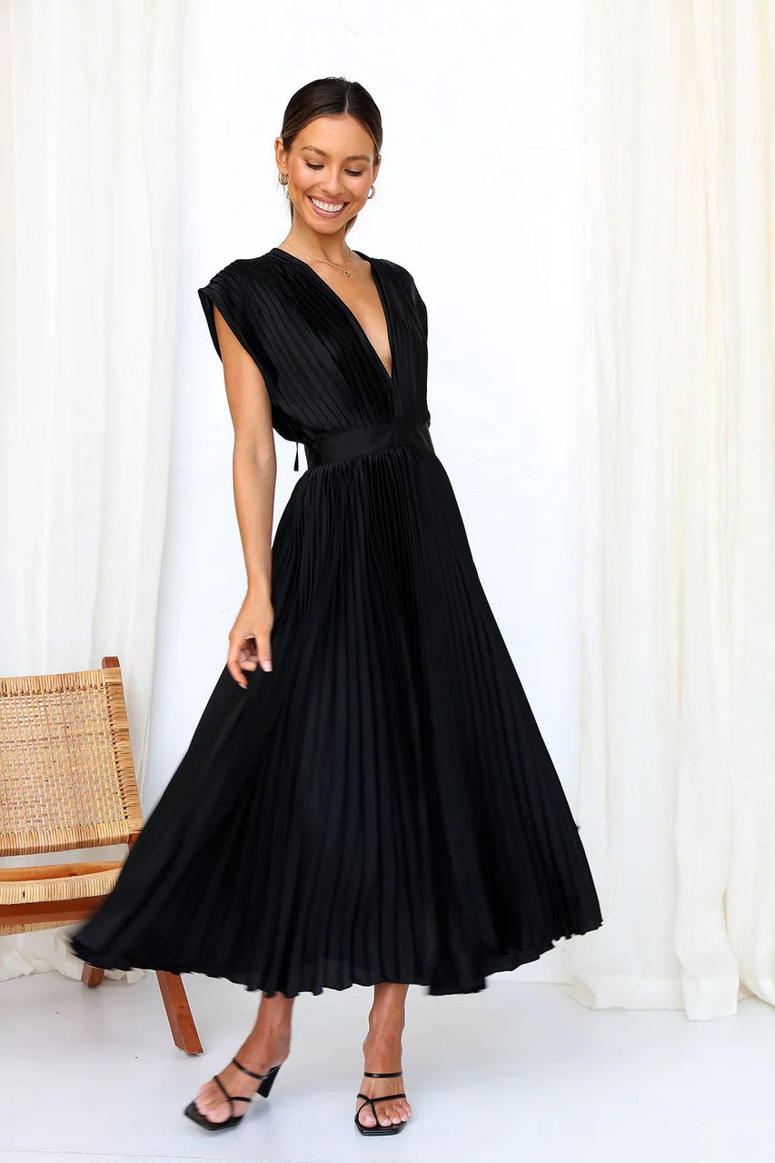 Flurina | Aisha Plunge Midi Dress With Pleats For Elegant Looks