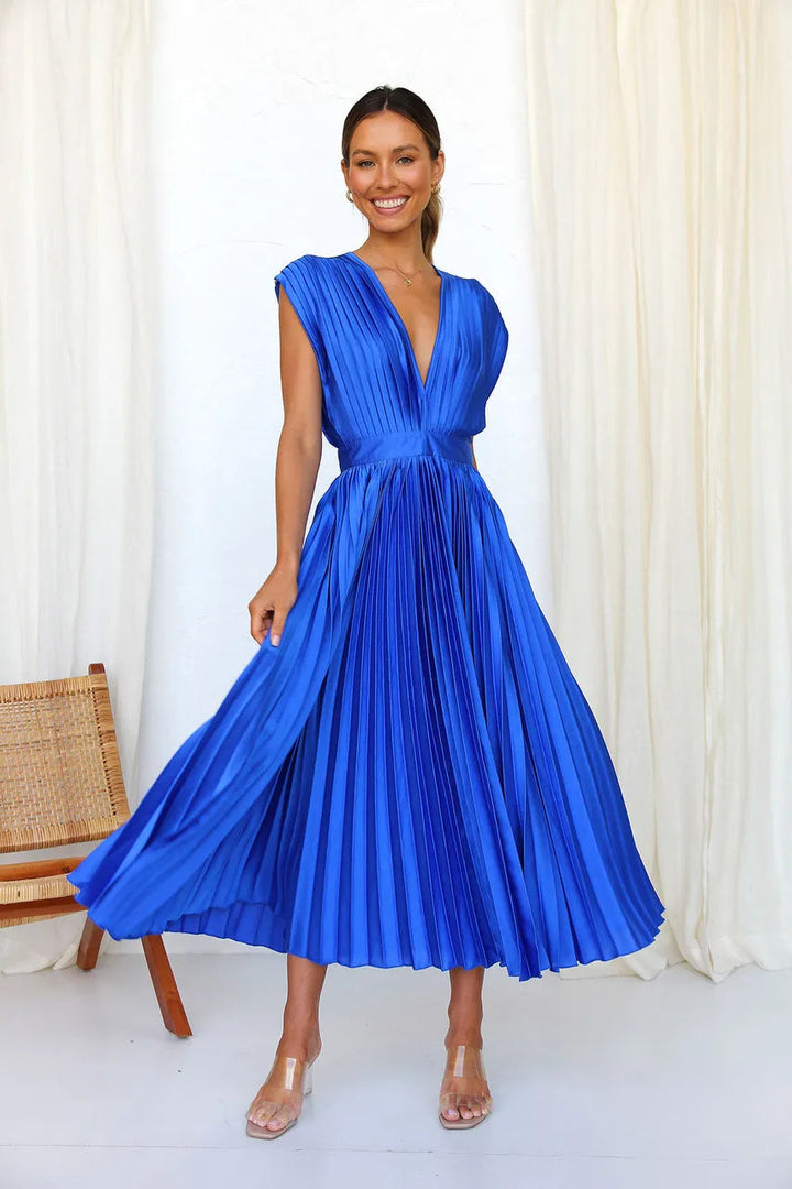 Aisha Plunge Midi Dress With Pleats For Elegant Looks