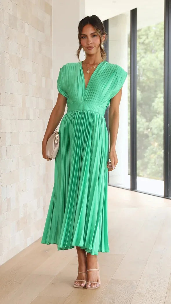 Flurina | Aisha Plunge Midi Dress With Pleats For Elegant Looks
