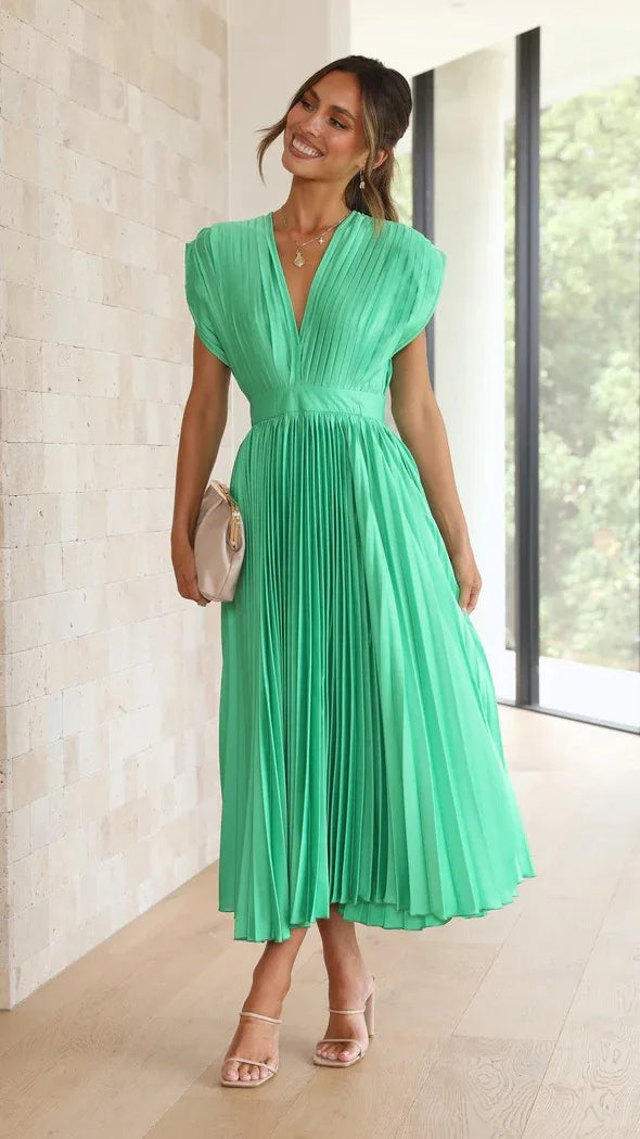 Aisha Plunge Midi Dress With Pleats For Elegant Looks