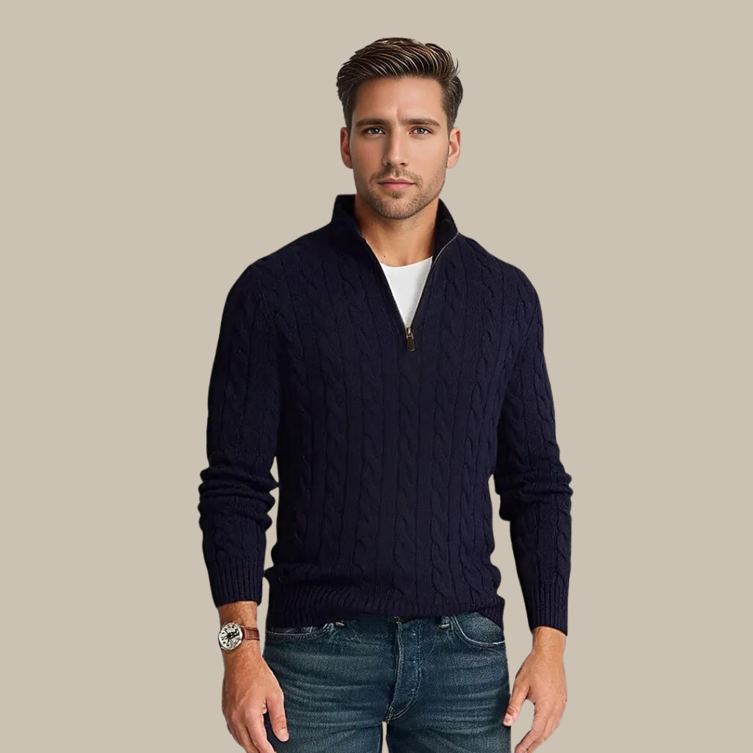 Michers | Fashionable Cable Knit Sweater With V-Neck And Zipper