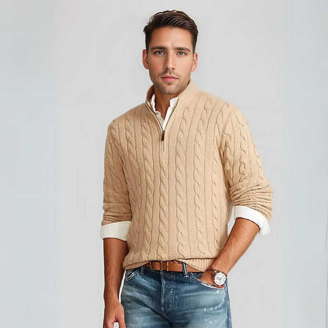 Michers | Fashionable Cable Knit Sweater With V-Neck And Zipper