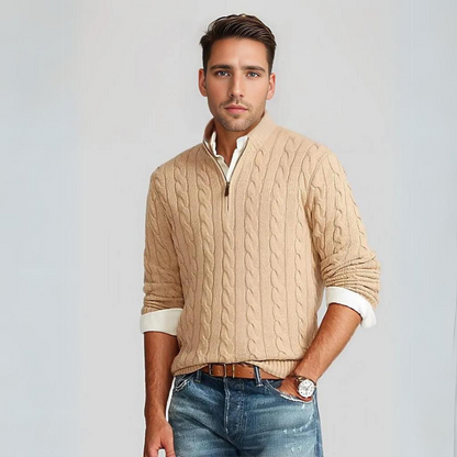 Michers | Fashionable Cable Knit Sweater With V-Neck And Zipper