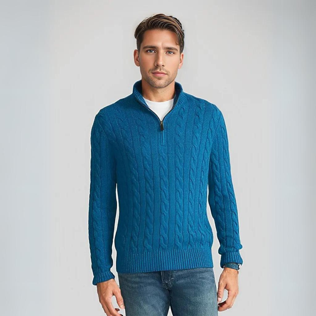 Michers | Fashionable Cable Knit Sweater With V-Neck And Zipper