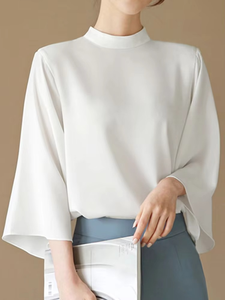 Blouse With Stand-Up Collar And Bell Sleeves