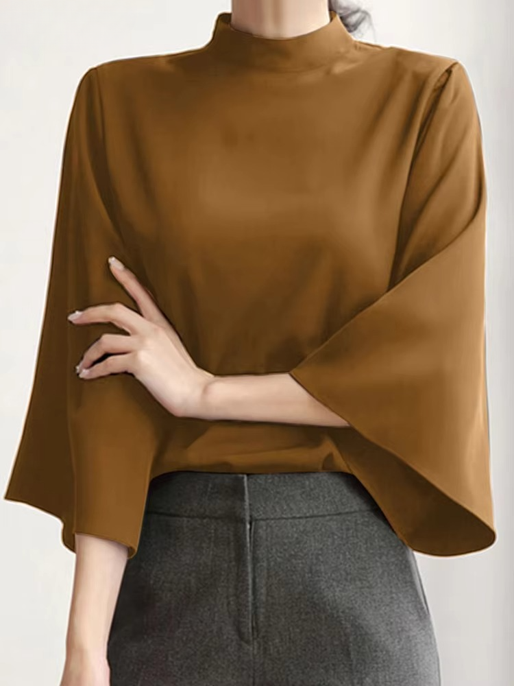 Blouse With Stand-Up Collar And Bell Sleeves