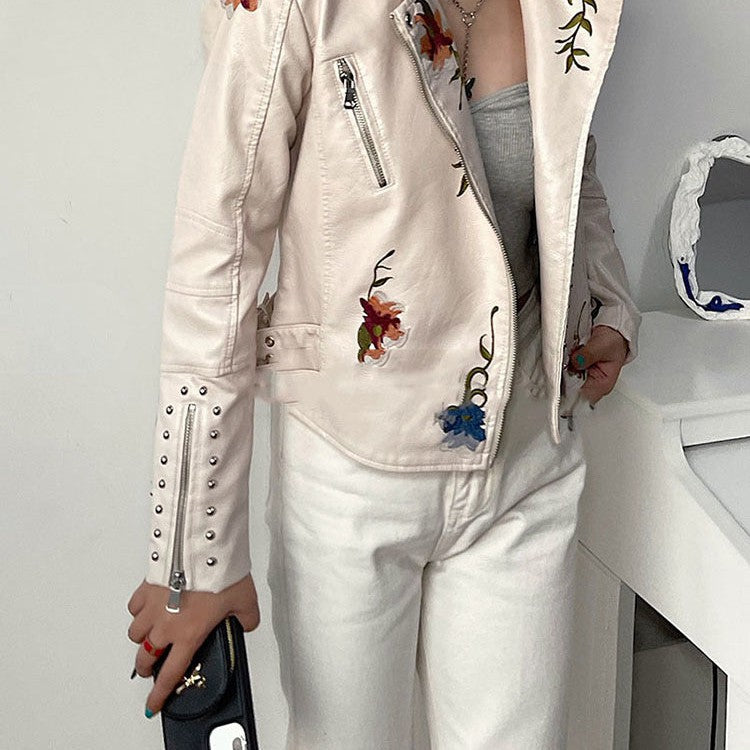 Bonda floral leather jacket with handcrafted details.