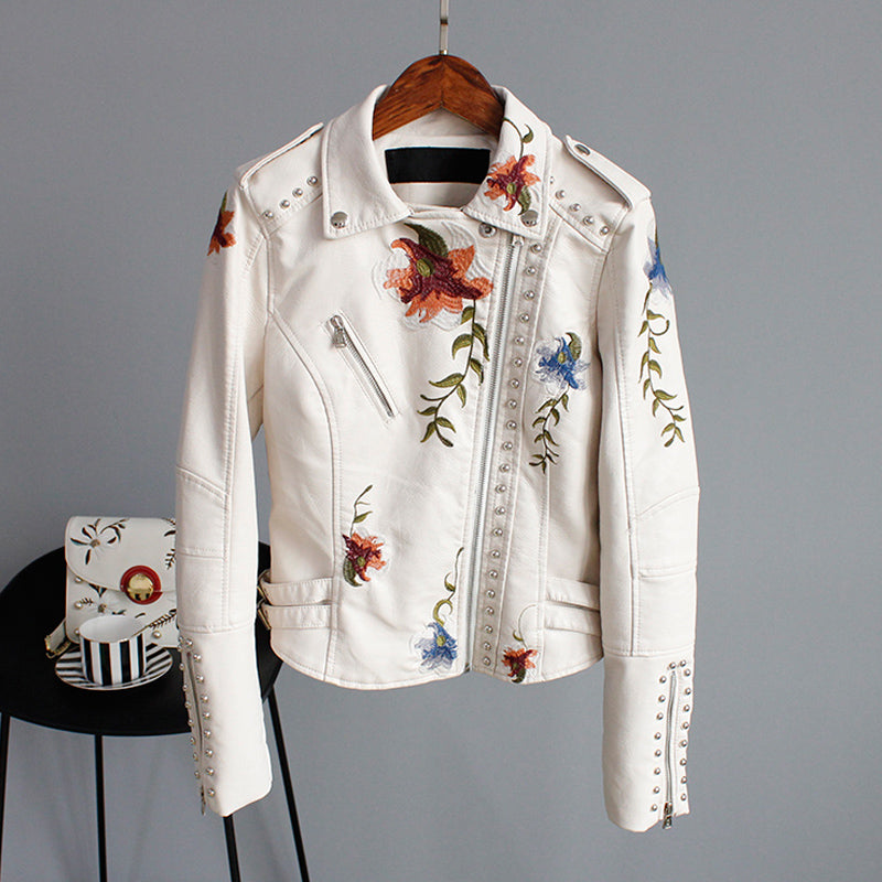 Bonda floral leather jacket with handcrafted details.