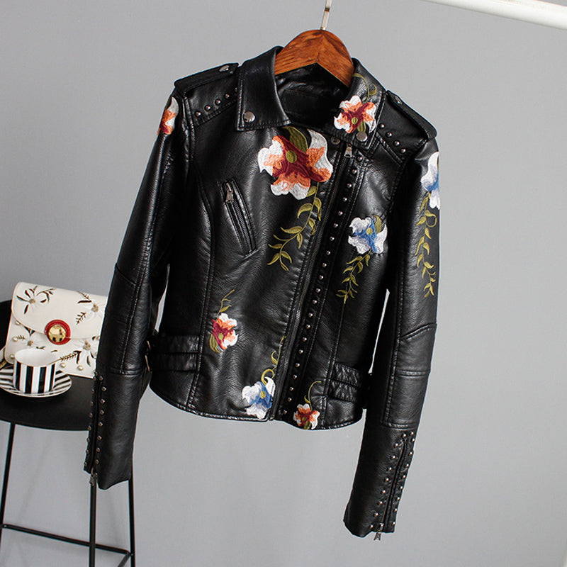 Bonda floral leather jacket with handcrafted details.