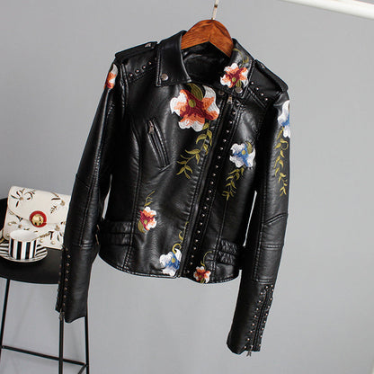 Bonda floral leather jacket with handcrafted details.