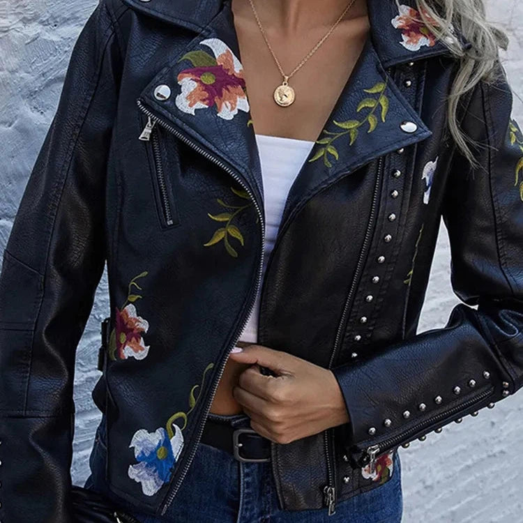 Bonda floral leather jacket with handcrafted details.