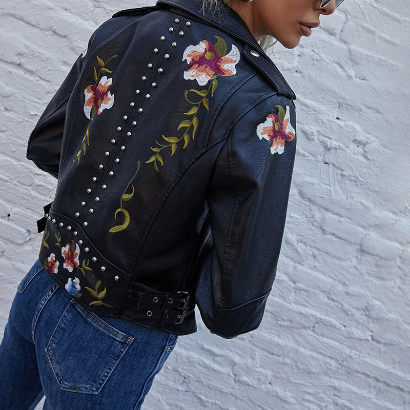 Bonda floral leather jacket with handcrafted details.
