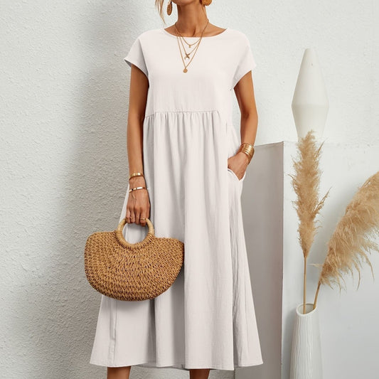 Camel dress with round neckline
