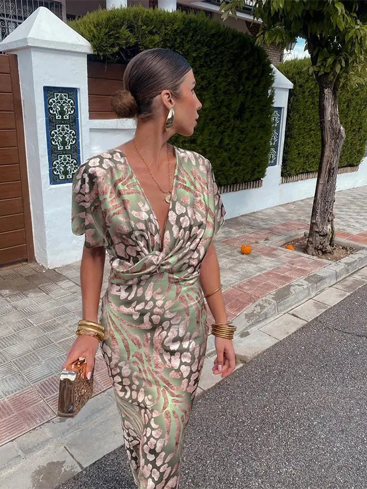 Twist Front Midi Dress Women – V‑Neck