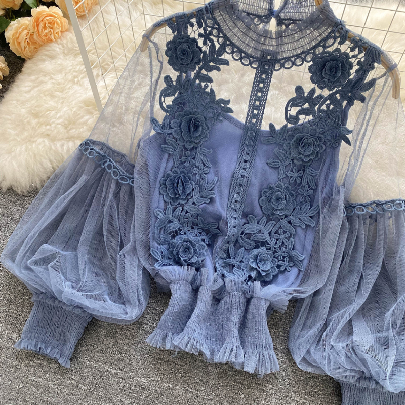Embroidered Sheer Floral Blouse for Women