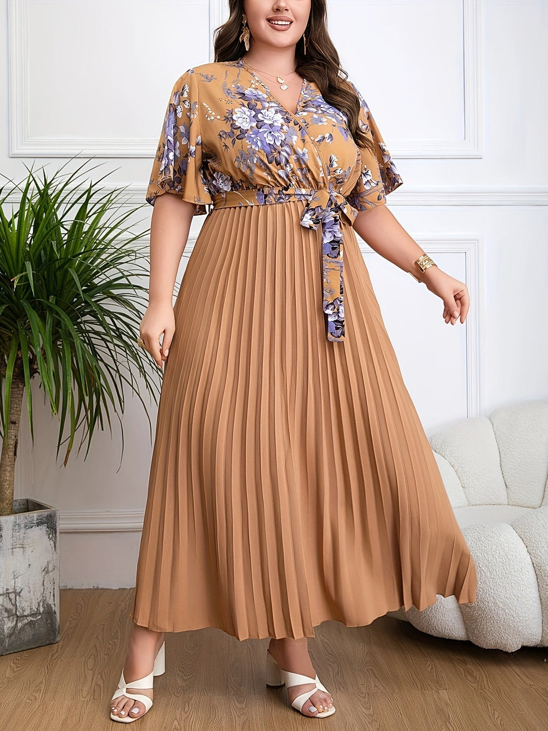 Floral Print Belted Maxi Dress for Women
