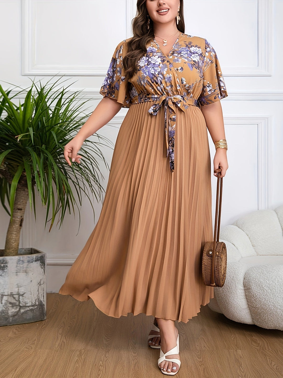 Floral Print Belted Maxi Dress for Women