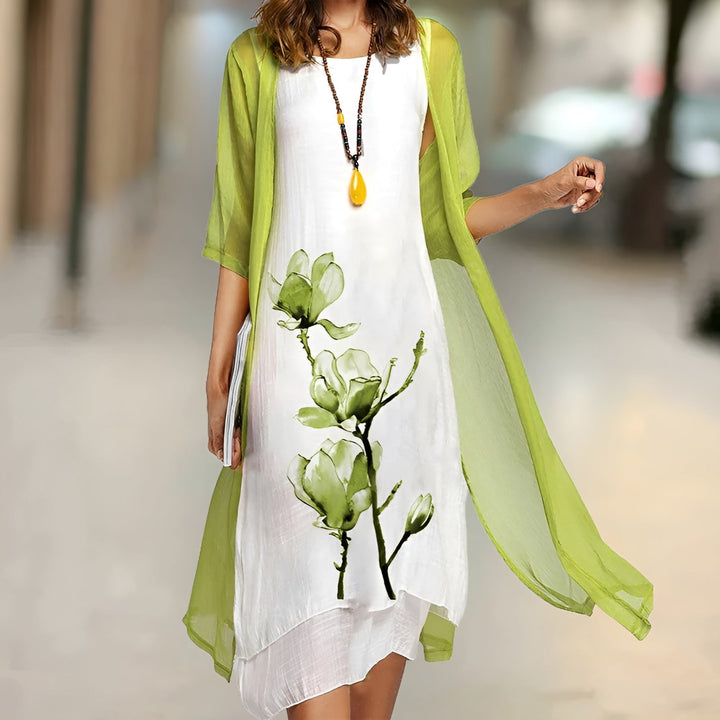 Floral Print Midi Dress with Cardigan for Women
