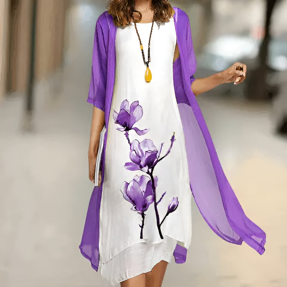 Floral Print Midi Dress with Cardigan for Women