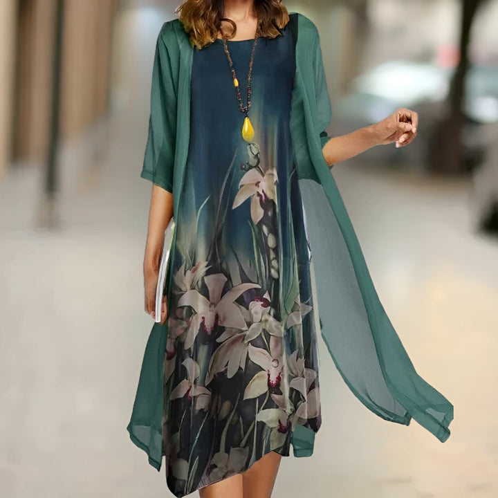 Floral Print Midi Dress with Cardigan for Women
