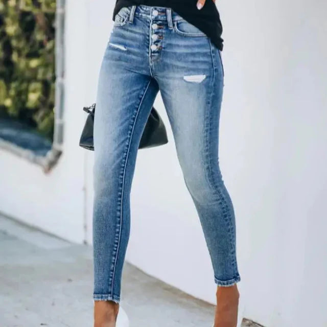High-Waist Skinny Jeans with Button Fly for Women
