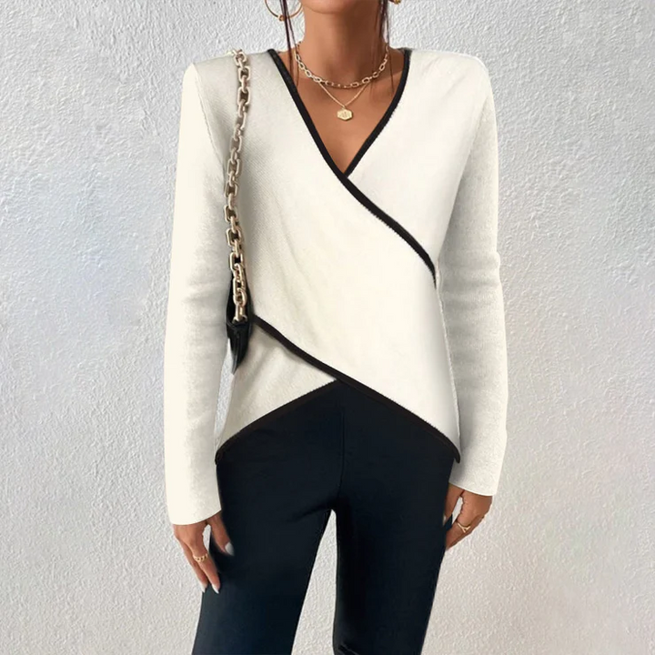 Ladies V-Neck Long Sleeve Shirt With Cross Hem