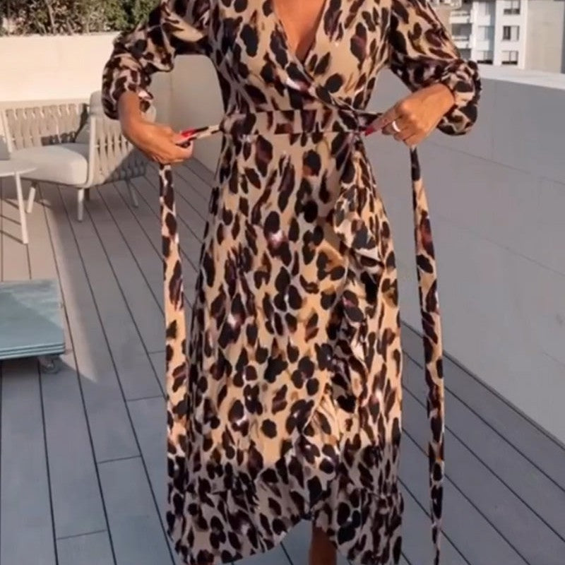 Leopard print dress with V-neckline.