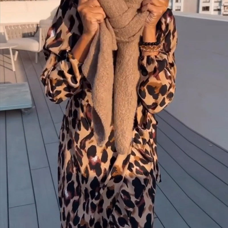 Leopard print dress with V-neckline.