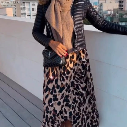 Leopard print dress with V-neckline.