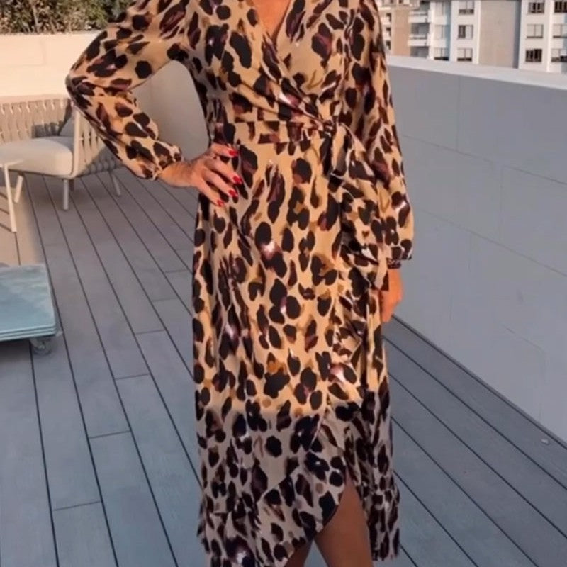 Leopard print dress with V-neckline.