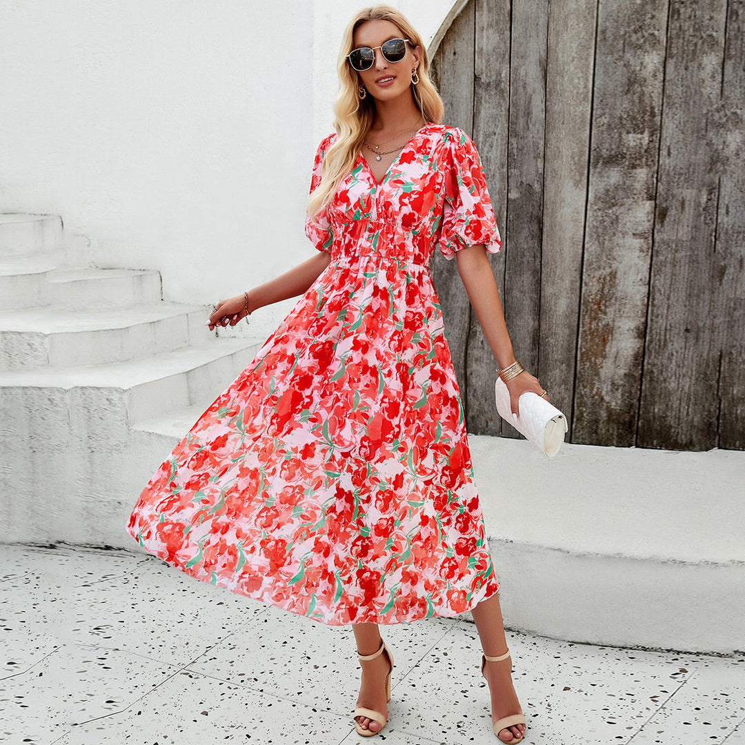 Midi Dress With Puff Sleeves And Floral Print