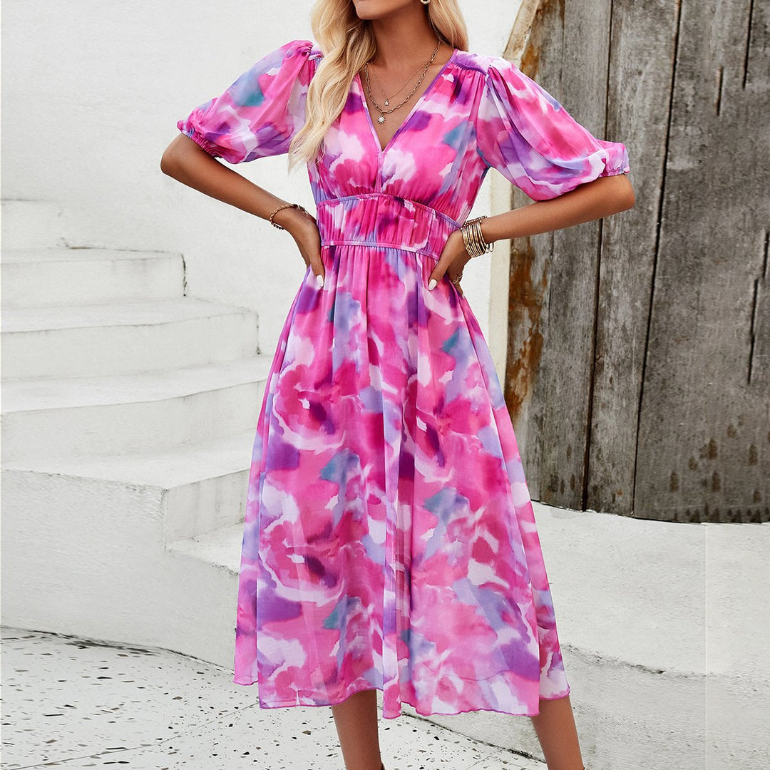 Midi Dress With Puff Sleeves And Floral Print