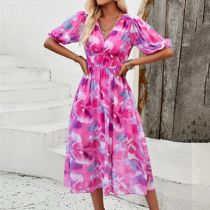 Midi Dress With Puff Sleeves And Floral Print