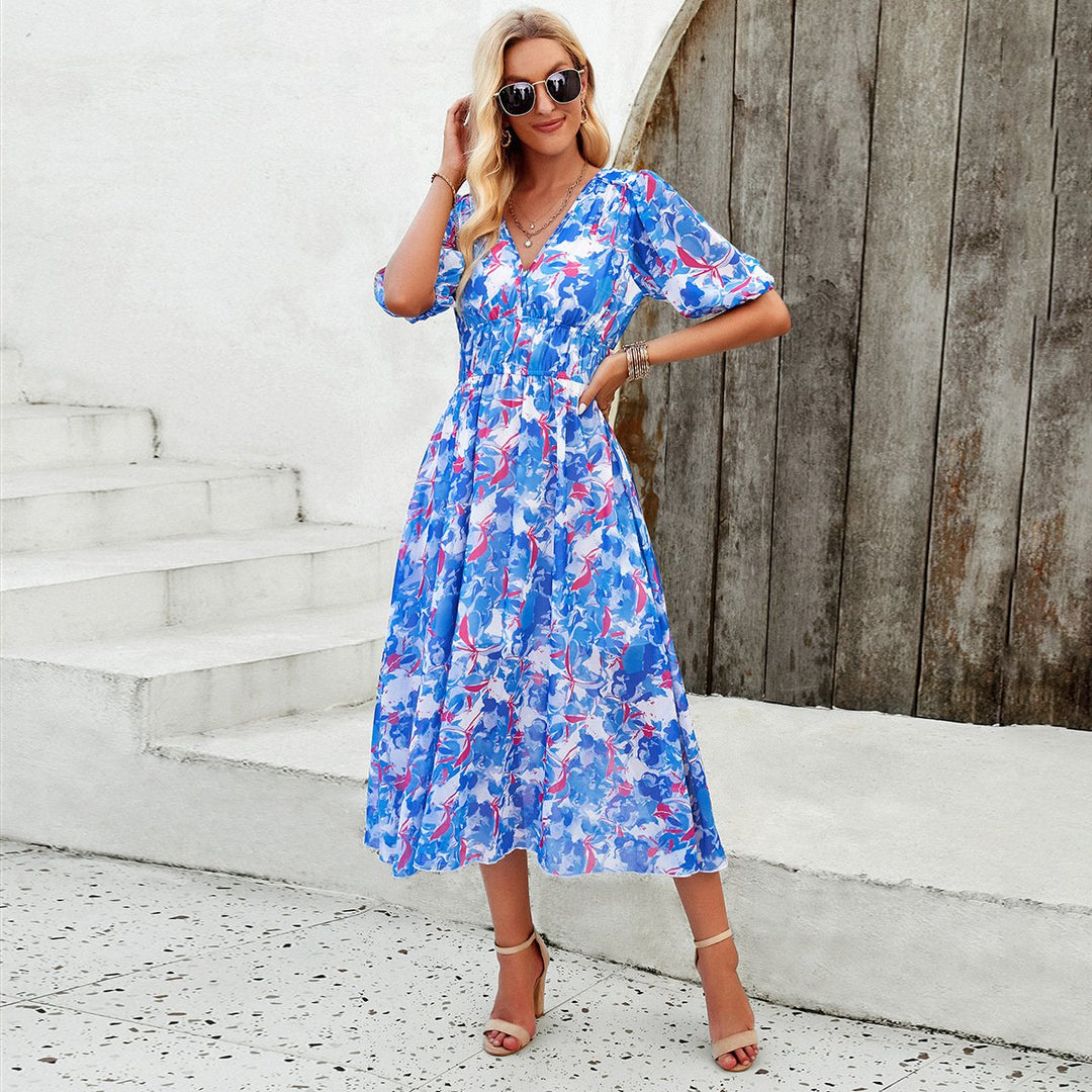 Midi Dress With Puff Sleeves And Floral Print
