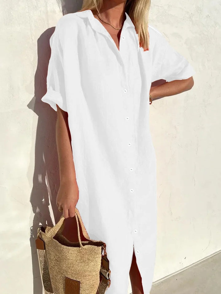 Neck Shirt Dress Made of Single-colored Cotton