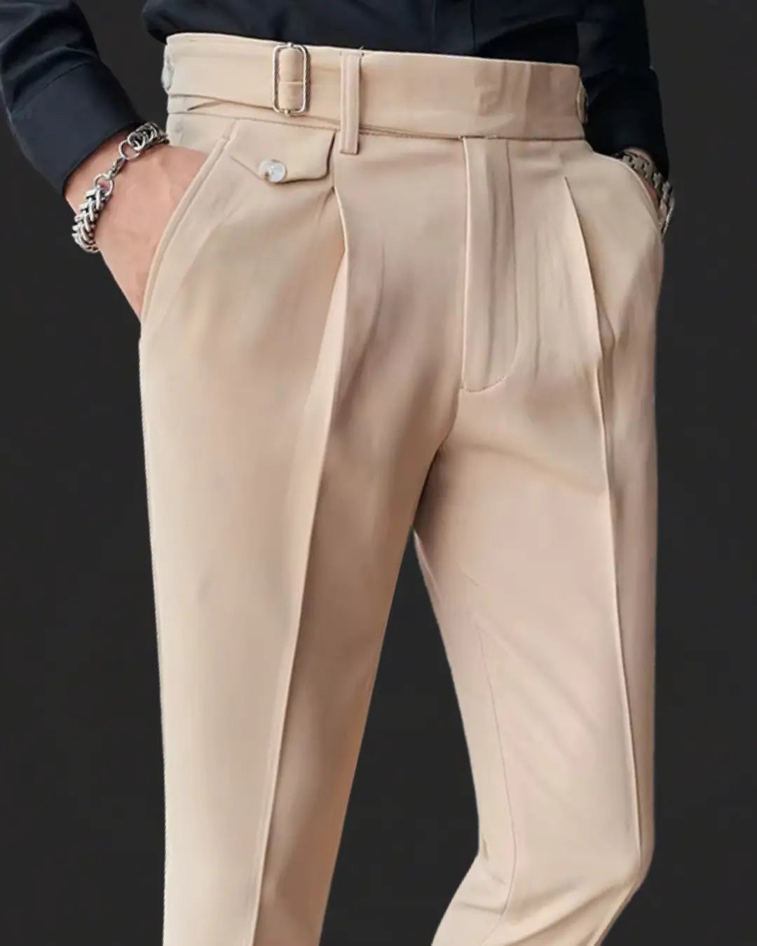 Pleated Trousers with Adjustable Waistband for Men