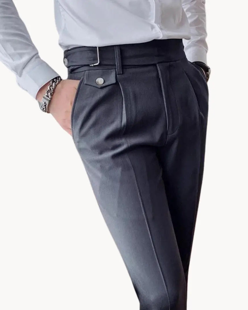 Pleated Trousers with Adjustable Waistband for Men