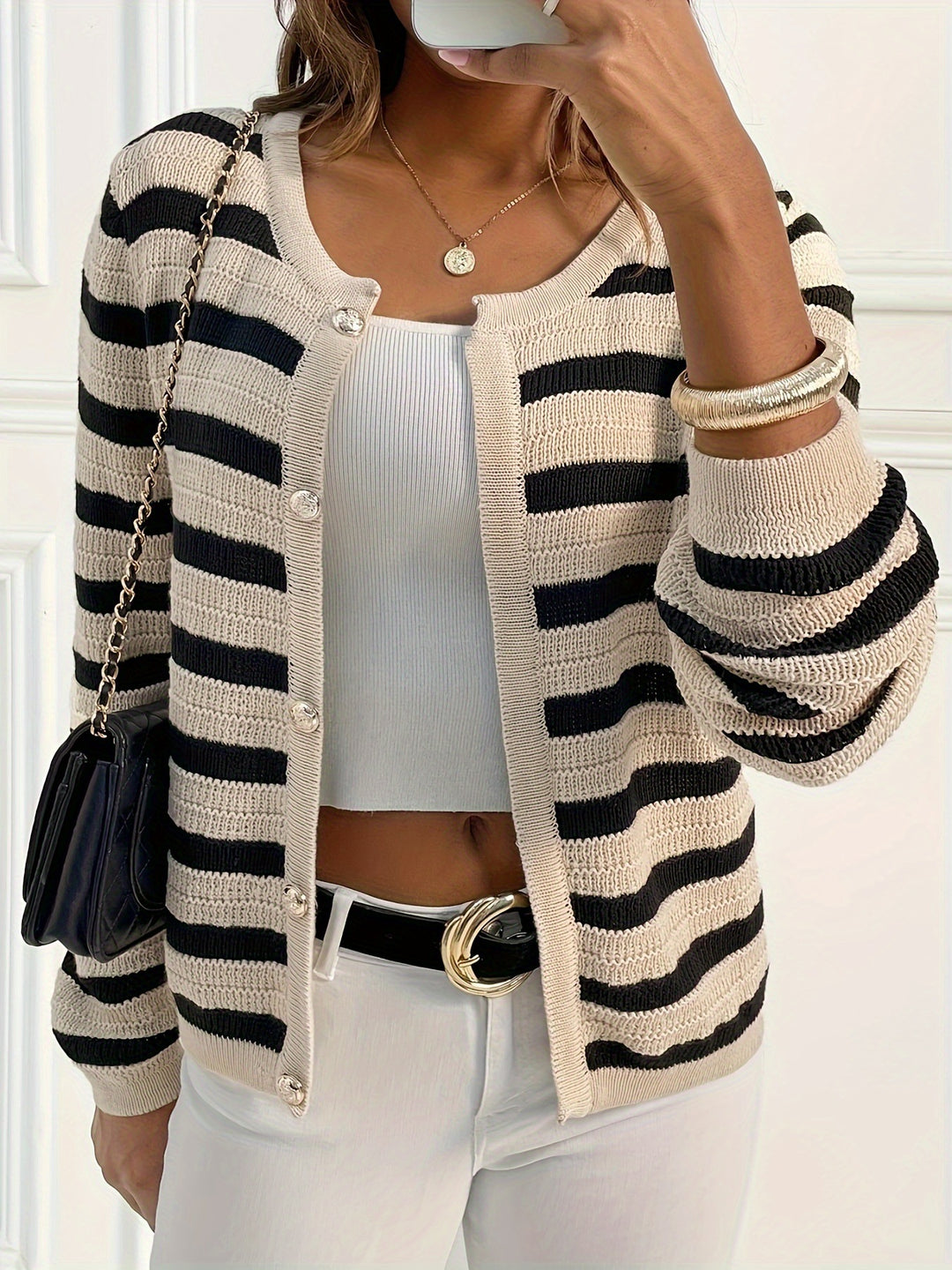 Striped Cardigan With Modern Button