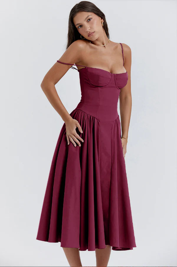Summer Wedding Guest Dress - Flared Skirt with Spaghetti Straps
